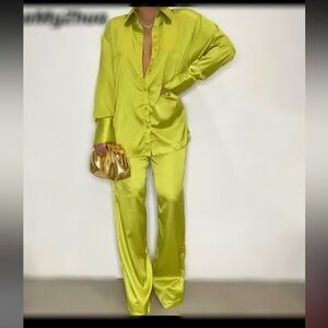 Womens matching set| Two piece women’s set elastic waist long pants GREEN